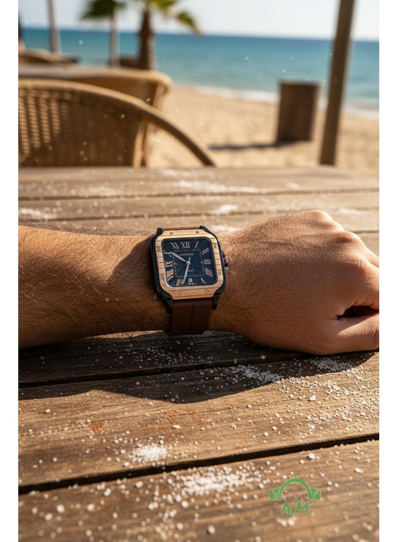 Cartier Men’s Luxury Square Wristwatch – Brown Silicone Strap with Rose Gold Frame - Image 4